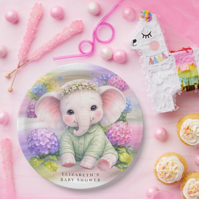 Plato De Papel Baby Elephant with Hydrangeas Baby Shower  (Fiesta)