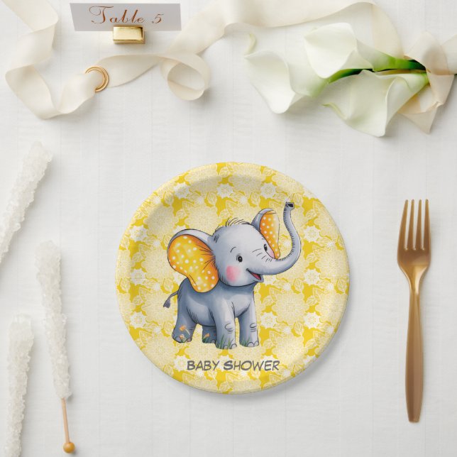 Plato De Papel Baby Elephant Yellow Polka Dot Ears Baby Shower (Boda)