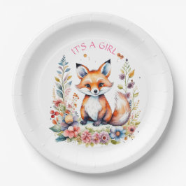 Plato De Papel Baby Fox in Flowers | Baby Shower It's a Girl