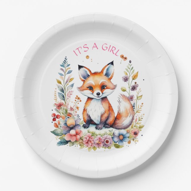 Plato De Papel Baby Fox in Flowers | Baby Shower It's a Girl (Anverso)