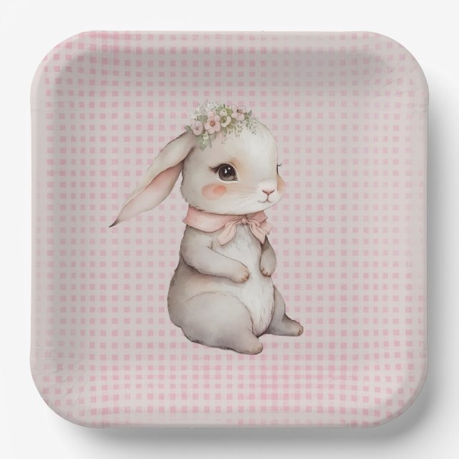 Plato De Papel Baby Girl Boho Bunny On Gingham (Anverso)