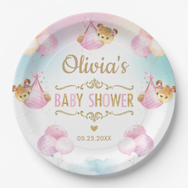 Plato De Papel Baby Girl Cute Bear Balloons Baby Shower (Anverso)