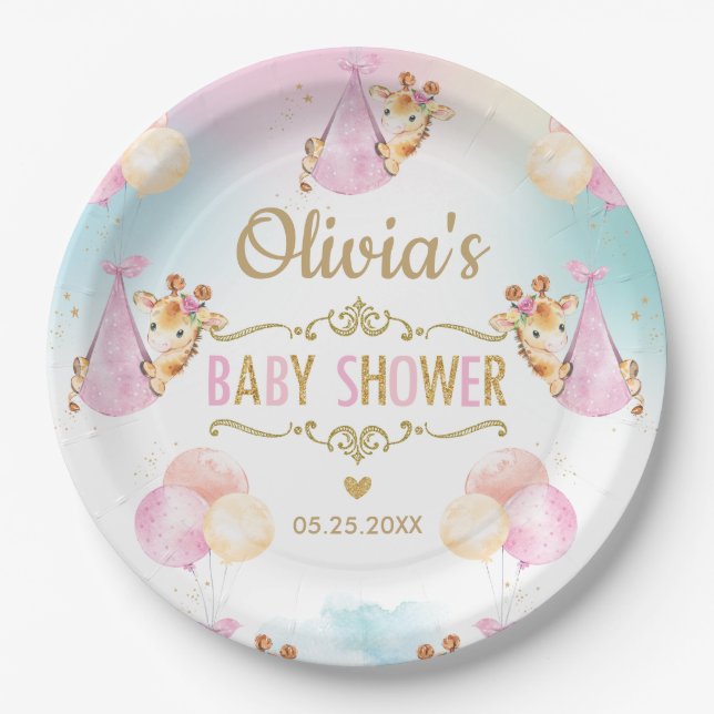 Plato De Papel Baby Girl Cute Giraffe Globals Baby Shower (Anverso)