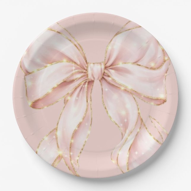 Plato De Papel Baby Girl Pink Bow Baby Shower Invitation (Anverso)