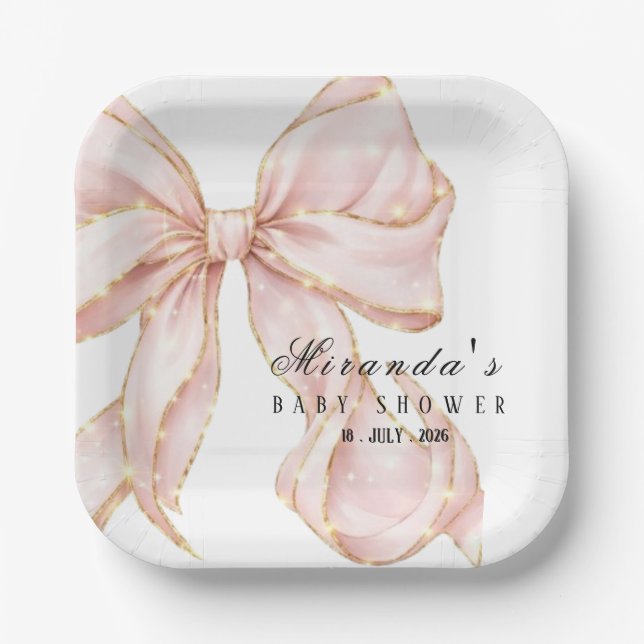 Plato De Papel Baby Girl Pink Bow Baby Shower Invitation (Anverso)