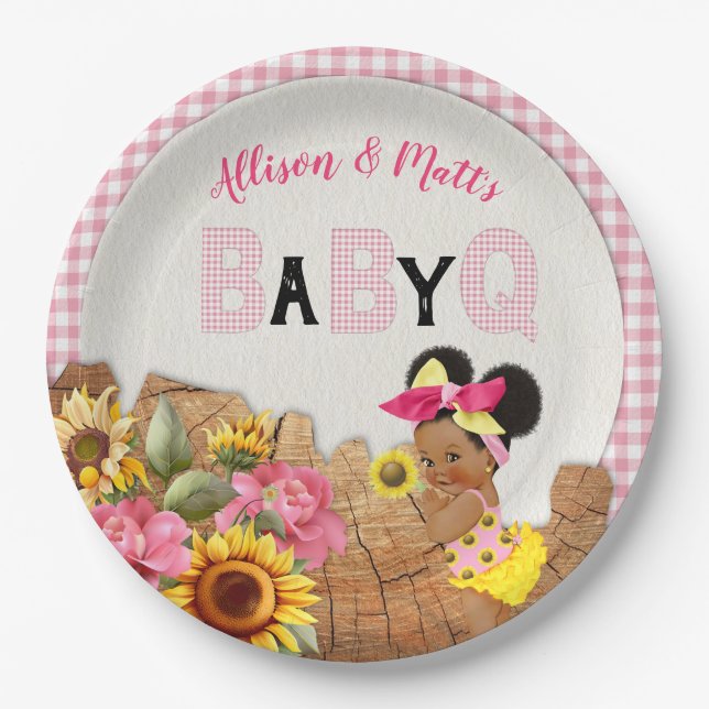 Plato De Papel Baby Girl Shower Pink Sunflower Baby Q Barbeque (Anverso)