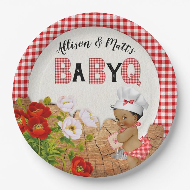 Plato De Papel Baby Girl Shower Red Gingham Baby Q Barbeque (Anverso)