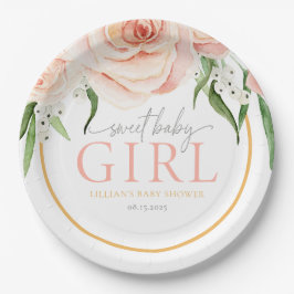 Plato De Papel Baby Girl Soft Pink Rose Garden Baby Shower