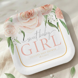 Plato De Papel Baby Girl Soft Pink Rose Garden Baby Shower