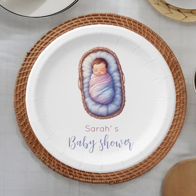 Plato De Papel Baby in Basket Modern Gender neutral | Baby Shower (Baby in Basket Modern Gender neutral | Baby Shower Paper Plates)