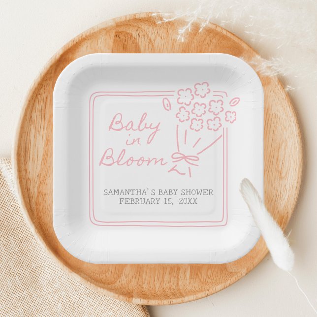 Plato De Papel Baby In Bloom Baby Shower (Hand Drawn Baby in Bloom Baby Shower Paper Plate)