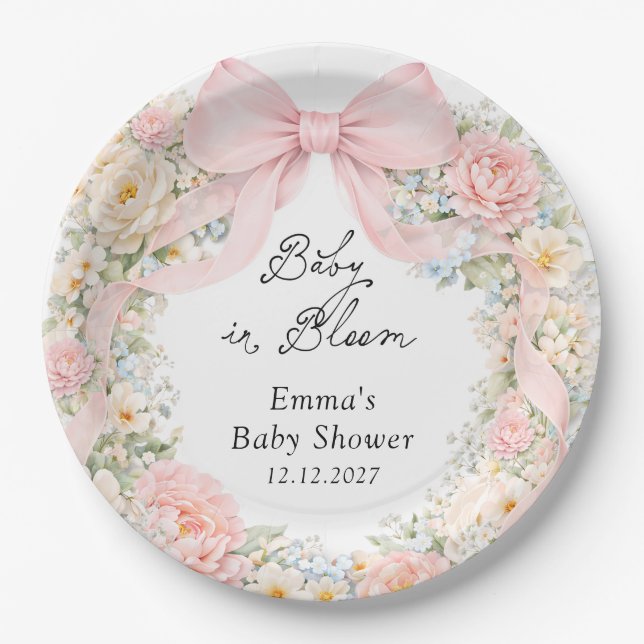 Plato De Papel Baby in Bloom Blush Pink Bow Floral Baby Shower (Anverso)