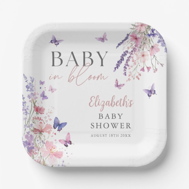 Plato De Papel Baby In Bloom Butterfly Wildflowers Baby Shower (Anverso)