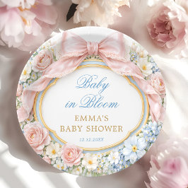 Plato De Papel Baby in Bloom Floral Pink Bow Girl Baby Shower