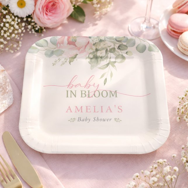 Plato De Papel Baby in Bloom Pink Floral Baby Girl Shower  (Baby in Bloom Pink Floral Baby Girl Shower Paper Plates)