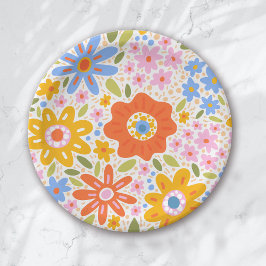 Plato De Papel Baby in Bloom Retro Groovy Wildflowers Baby Shower