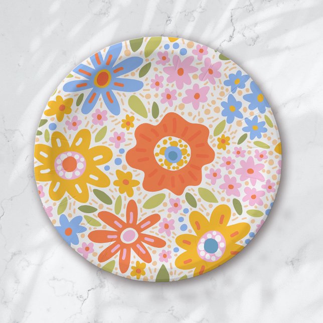 Plato De Papel Baby in Bloom Retro Groovy Wildflowers Baby Shower (Subido por el creador)