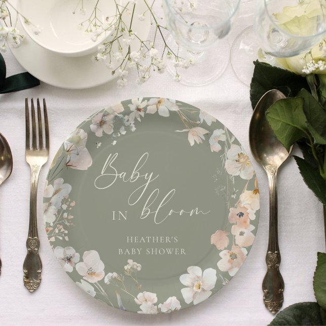 Plato De Papel Baby In Bloom Sage Green Wildflower Baby Shower (Subido por el creador)