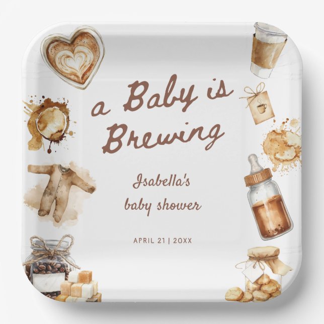 Plato De Papel Baby Is Brewing Coffee Brown Baby Shower (Anverso)
