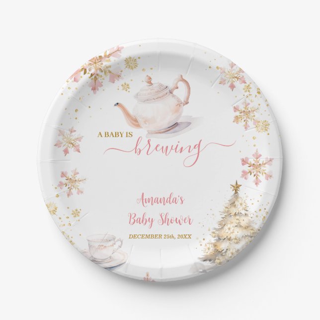 Plato De Papel Baby Is Brewing Pink Winter Tea Party Baby Shower (Anverso)
