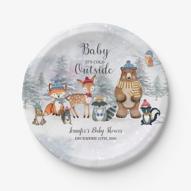 Plato De Papel Baby It's Cold fuera de Winter Woodland Baby Showe (Anverso)