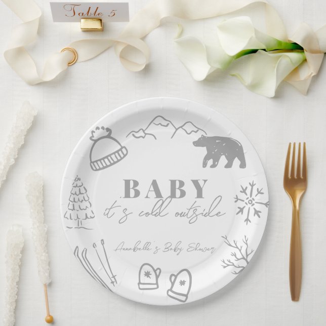 Plato De Papel Baby It's Cold Outside Hand-drawn Gray Baby Shower (Boda)