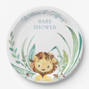 Plato De Papel Baby Lion Cub Dusty Blue Baby Shower