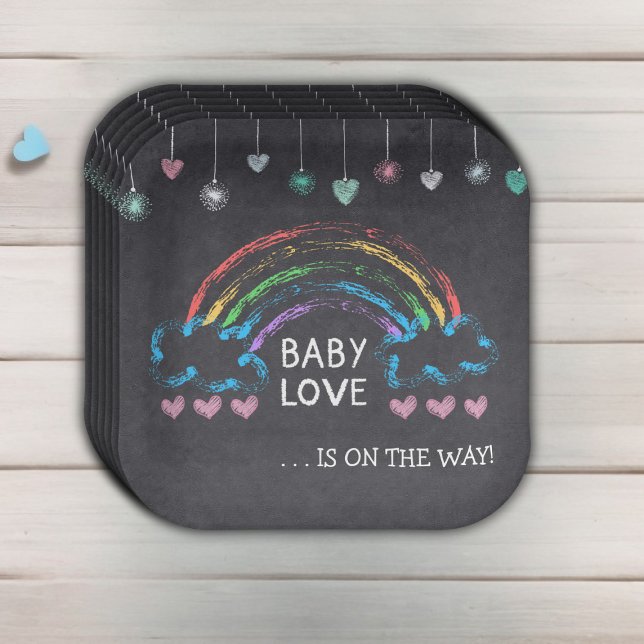 Plato De Papel Baby Love Chalkboard Hearts & Rainbow Baby Shower (Subido por el creador)