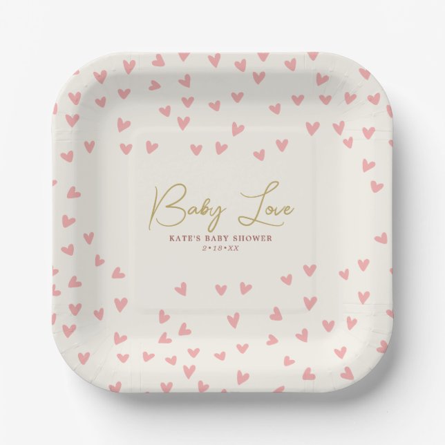 Plato De Papel Baby Love Pink Hearts Chica Baby Shower (Anverso)