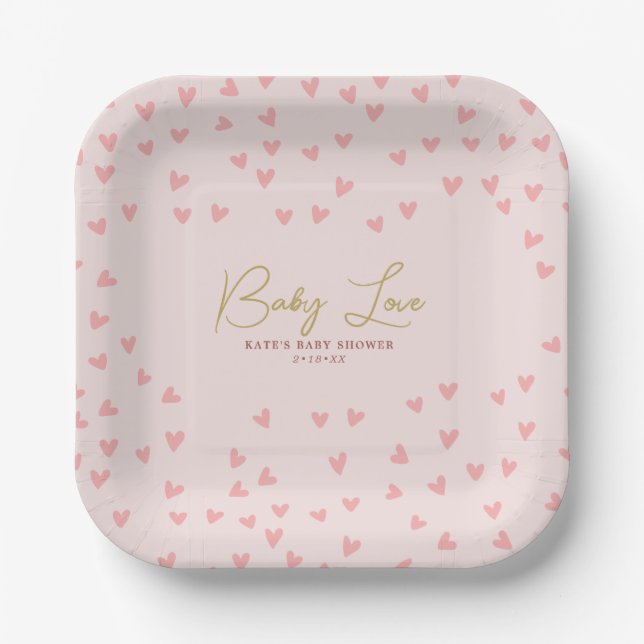 Plato De Papel Baby Love Pink Hearts Chica Baby Shower (Anverso)