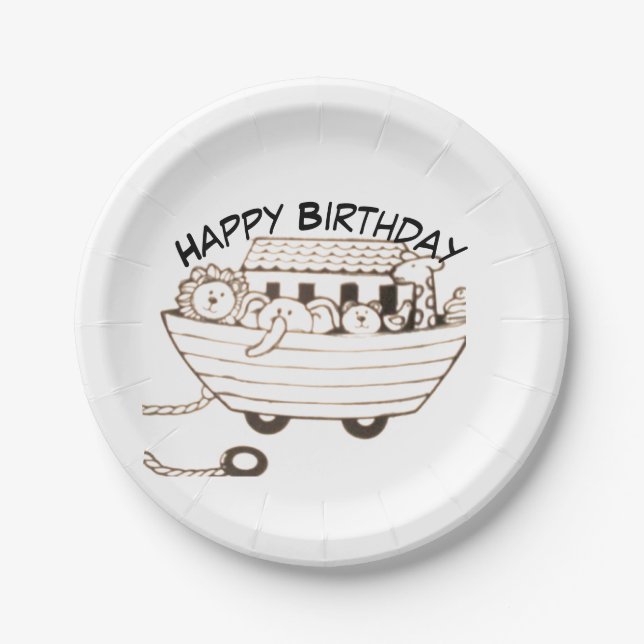 Plato De Papel Baby Noah Ark with curved Happy Birthday design (Anverso)