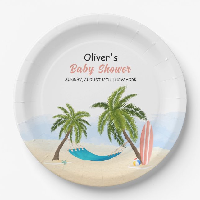 Plato De Papel Baby On Board Beach Surfing Baby Shower (Anverso)