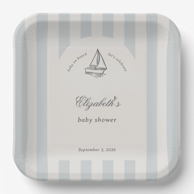 Plato De Papel Baby On Board Elegant Blue Sailboat Baby Shower (Anverso)