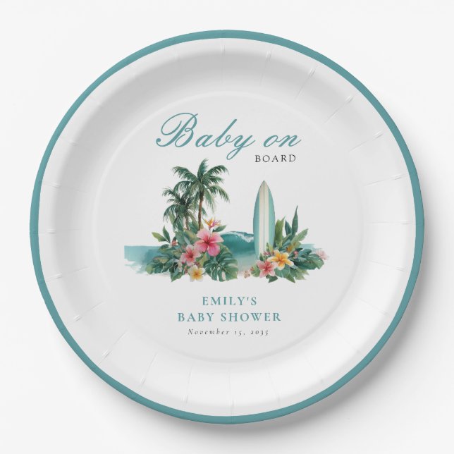 Plato De Papel Baby On Board Surf Beach Baby Shower (Anverso)