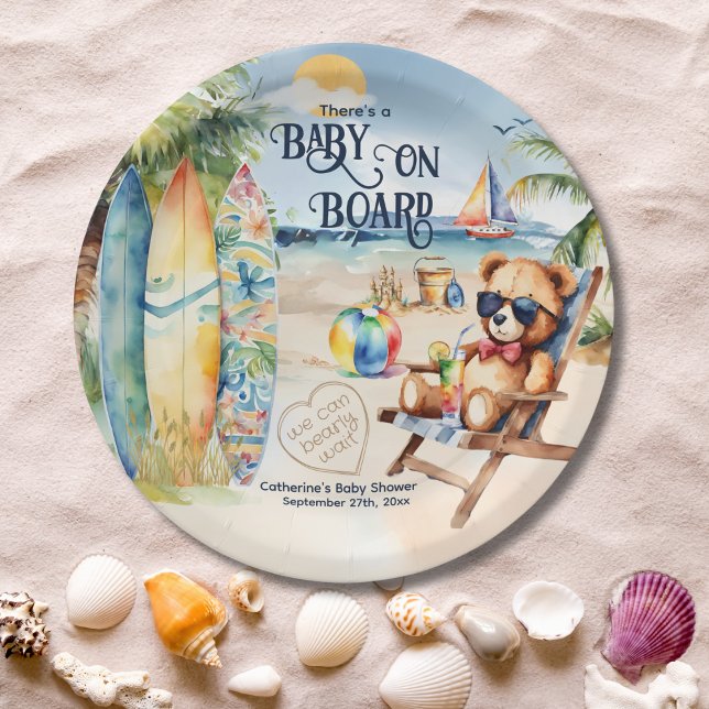 Plato De Papel Baby On Board Surfboard Teddy Bear Baby Shower (Subido por el creador)