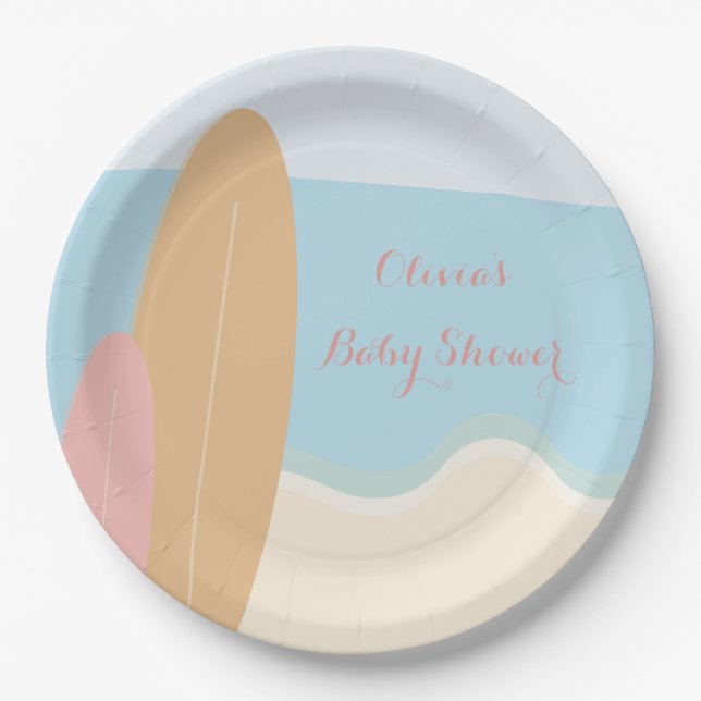 Plato De Papel Baby on Board Surfing Beach Baby Shower (Anverso)