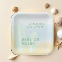 Plato De Papel Baby On Board Surfing Beach Watercolor Baby Shower
