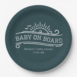 Plato De Papel Baby On Board Surfing Slate Blue Baby Shower