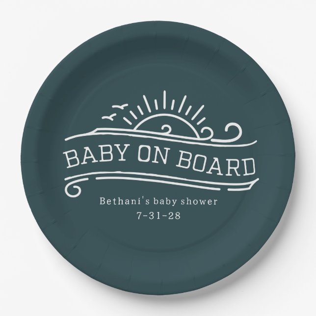 Plato De Papel Baby On Board Surfing Slate Blue Baby Shower (Anverso)