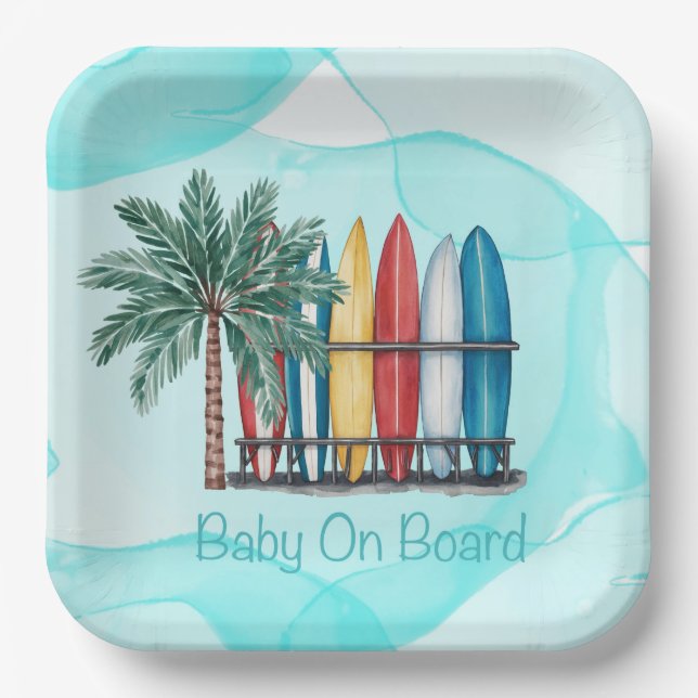 Plato De Papel Baby On Board Surfing Verde azulado Baby Shower (Anverso)