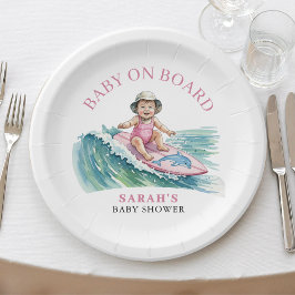 Plato De Papel Baby on Board Watercolor Surfing Girl Baby Shower