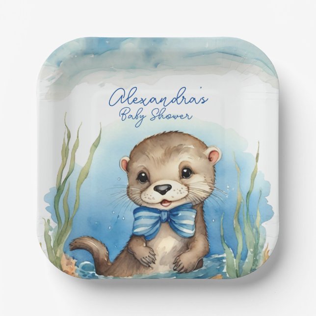 Plato De Papel Baby Otter Boy Baby Shower (Anverso)