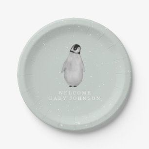 Plato De Papel Baby Penguin Blue Winter Baby Shower