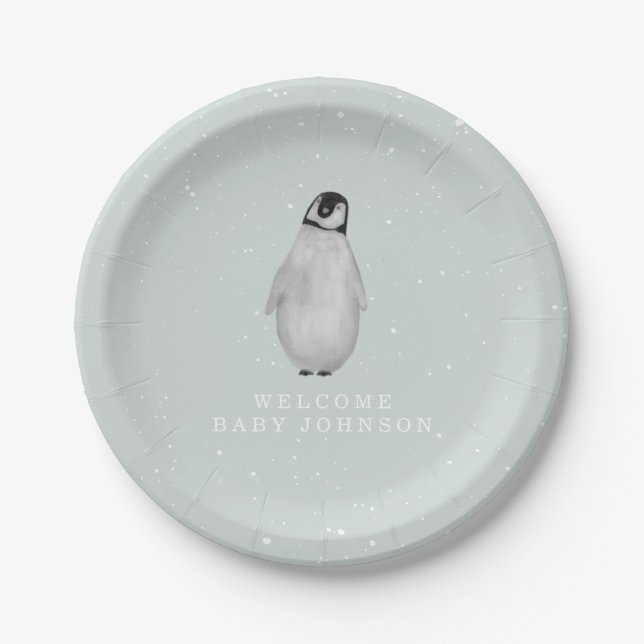 Plato De Papel Baby Penguin Blue Winter Baby Shower (Anverso)