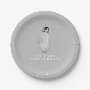 Plato De Papel Baby pingüino Neutral Grey Winter Baby Shower