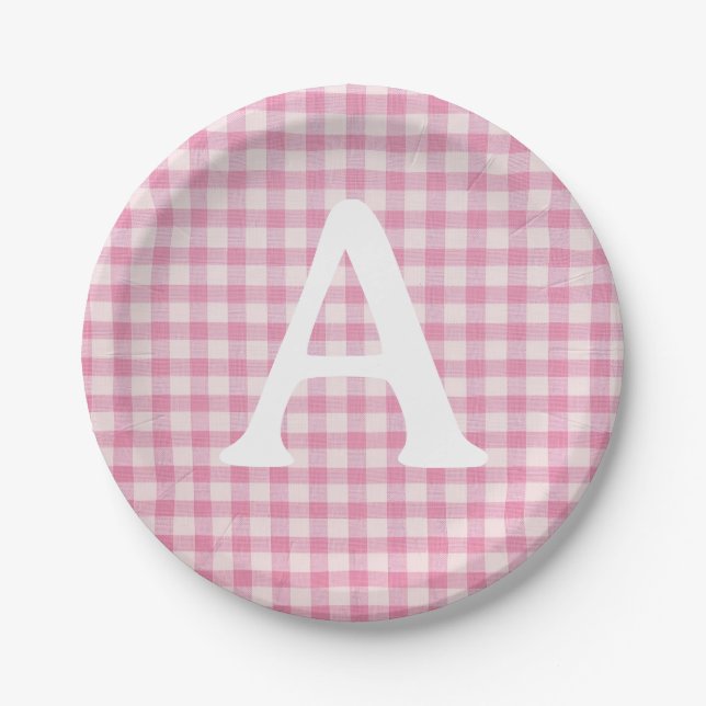 Plato De Papel Baby Pink Gingham Custom Initial (Anverso)