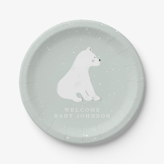 Plato De Papel Baby Polar Bear Cub Blue Winter Baby Shower (Anverso)