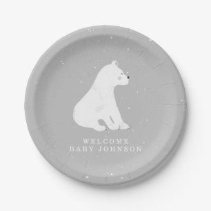 Plato De Papel Baby Polar Bear Cub Grey Winter Baby Shower