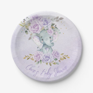 Plato De Papel Baby Purple Floral Elephants Twins Baby Shower
