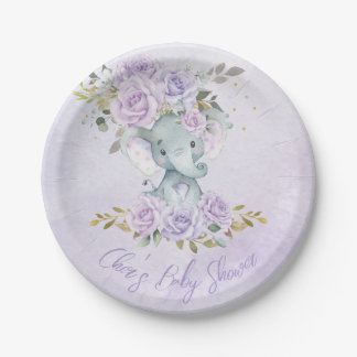Plato De Papel Baby Purple Floral Elephants Twins Baby Shower